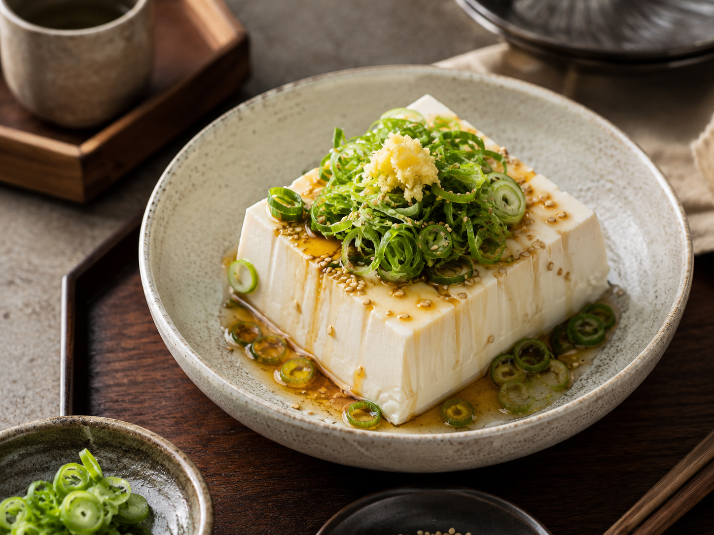 豆腐にごま油と青ネギをかけた料理